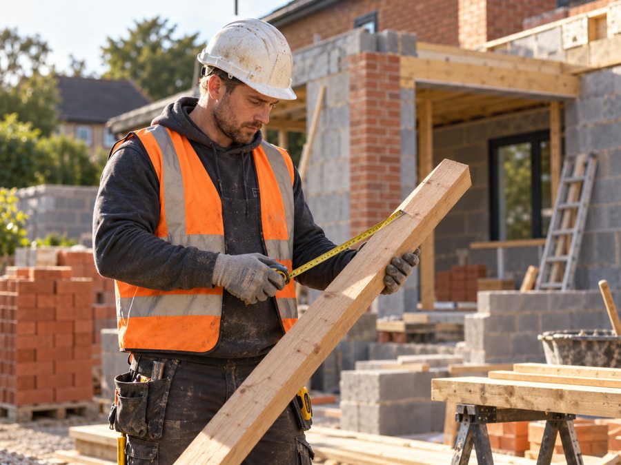 Builder measuring timber at an outdoor construction site