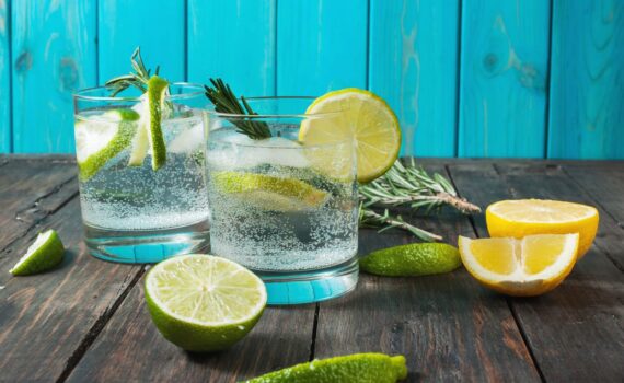 Alcoholic drink gin tonic cocktail with lemon, rosemary and ice