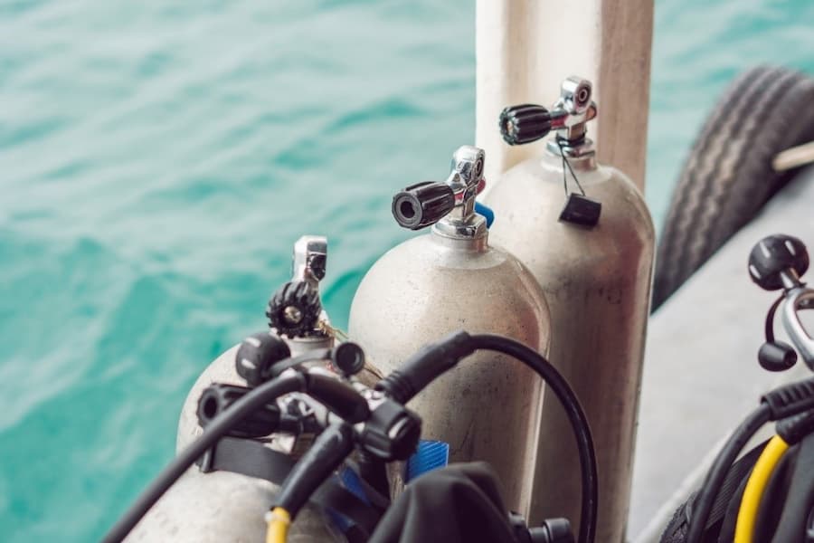 Scuba diving tanks on a boat