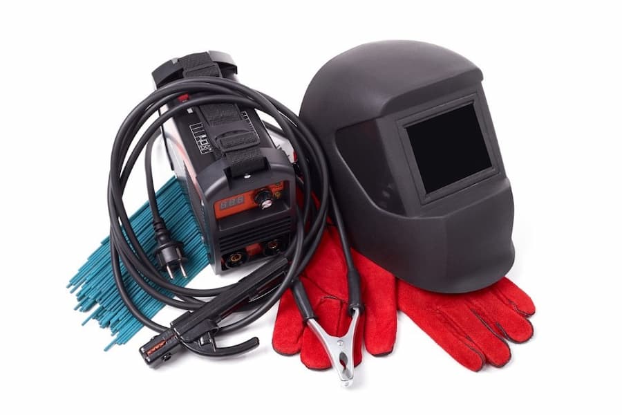 A welding mask and gloves