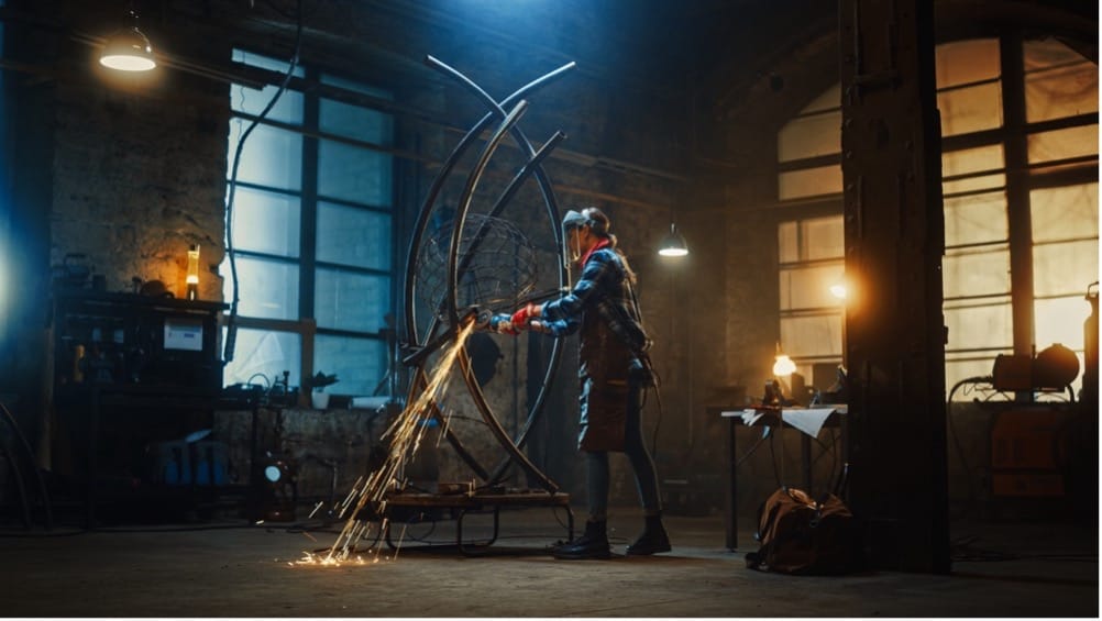 A person welding a metal sculpture