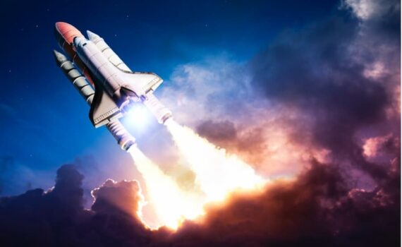 A space shuttle taking off
