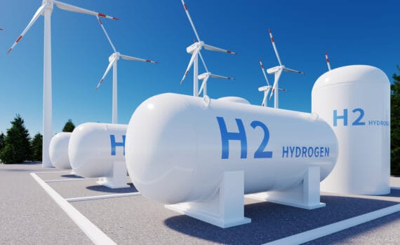 h2 hydrogen tank and wind power turbines, 3d rendering