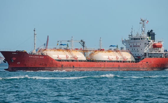 A gas tanker navigating the Bosphorus, showcasing the vital role of Istanbul in the global LPG industry and fuel transportation