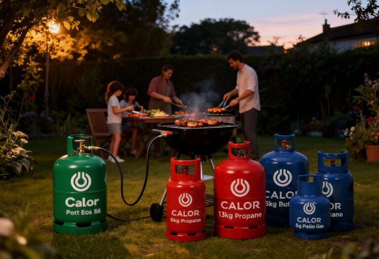 Propane patio gas bottle beside a barbecue in a UK garden