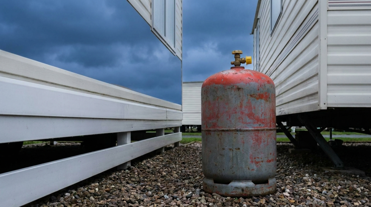 47kg propane gas bottle beside a static caravan