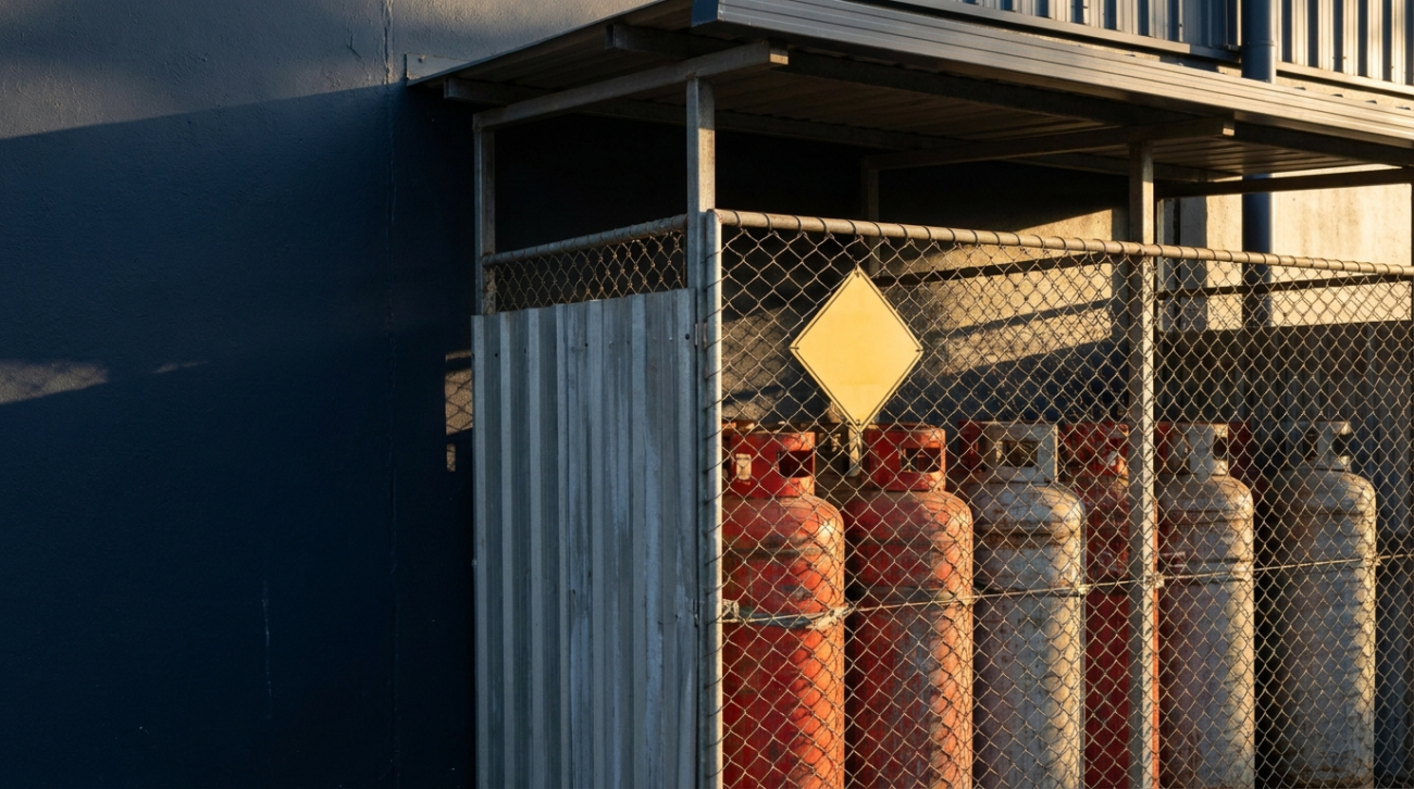 LPG gas cylinders stored upright in a ventilated cage