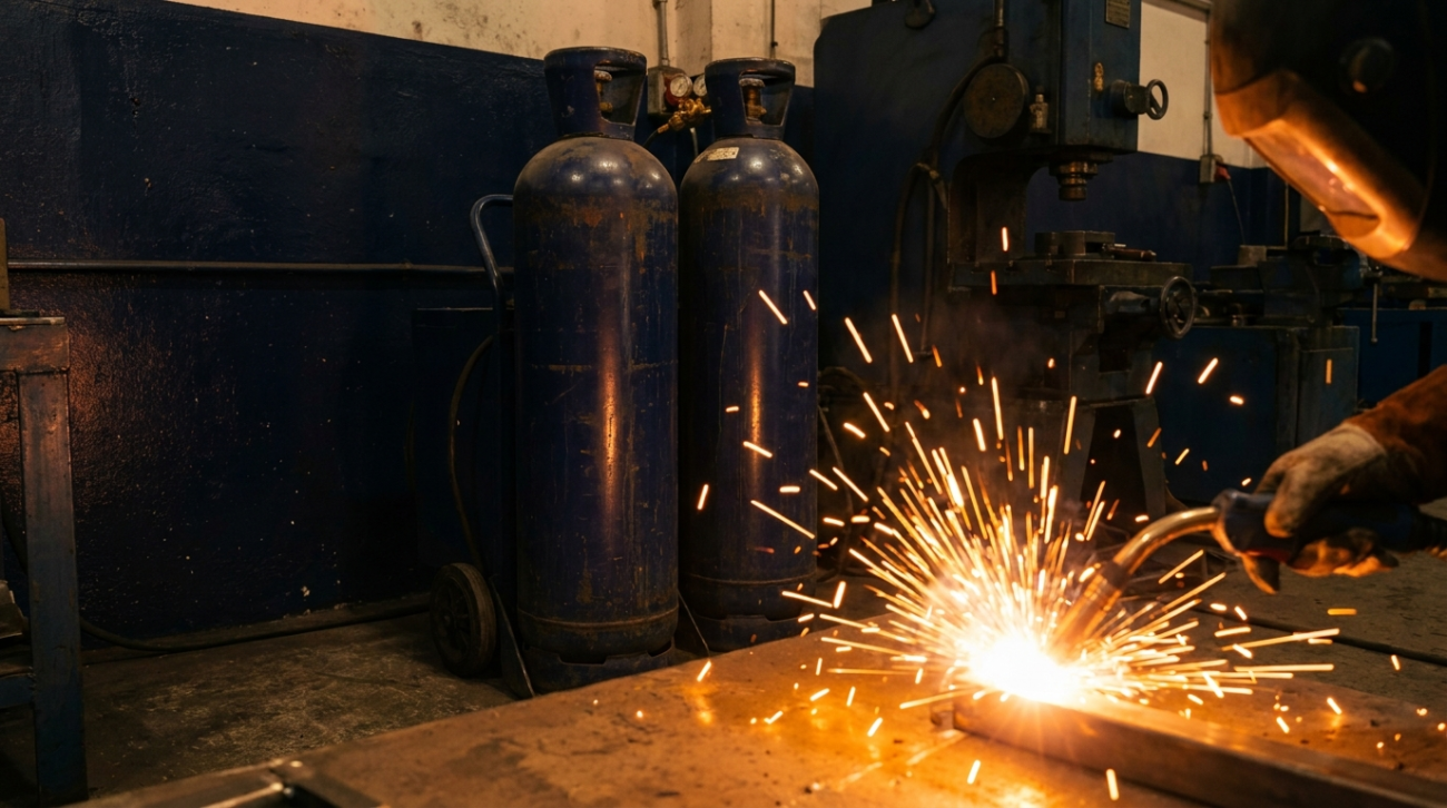 Two MIG welding gas cylinders with a live welding arc