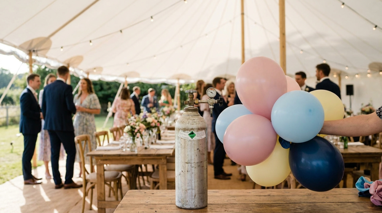 Party balloons inflated from a helium cylinder
