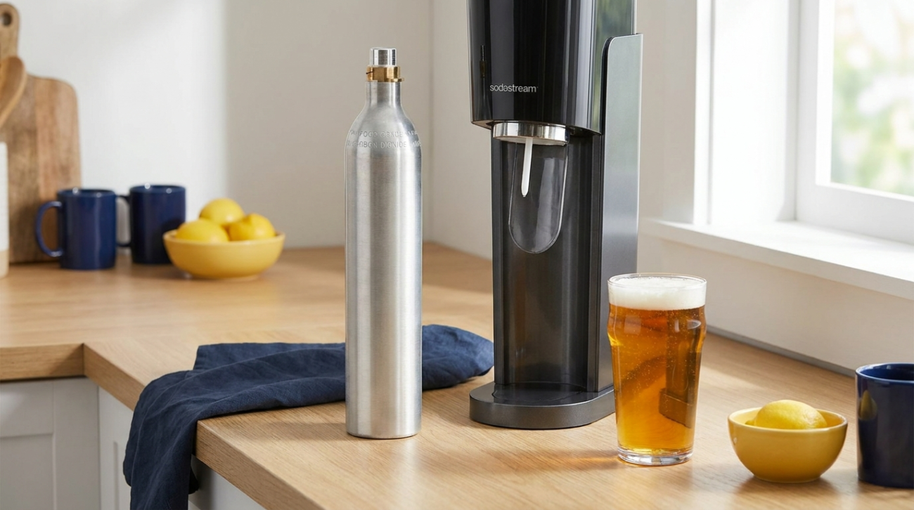 Food-grade CO2 cylinder beside a SodaStream and a pint of beer