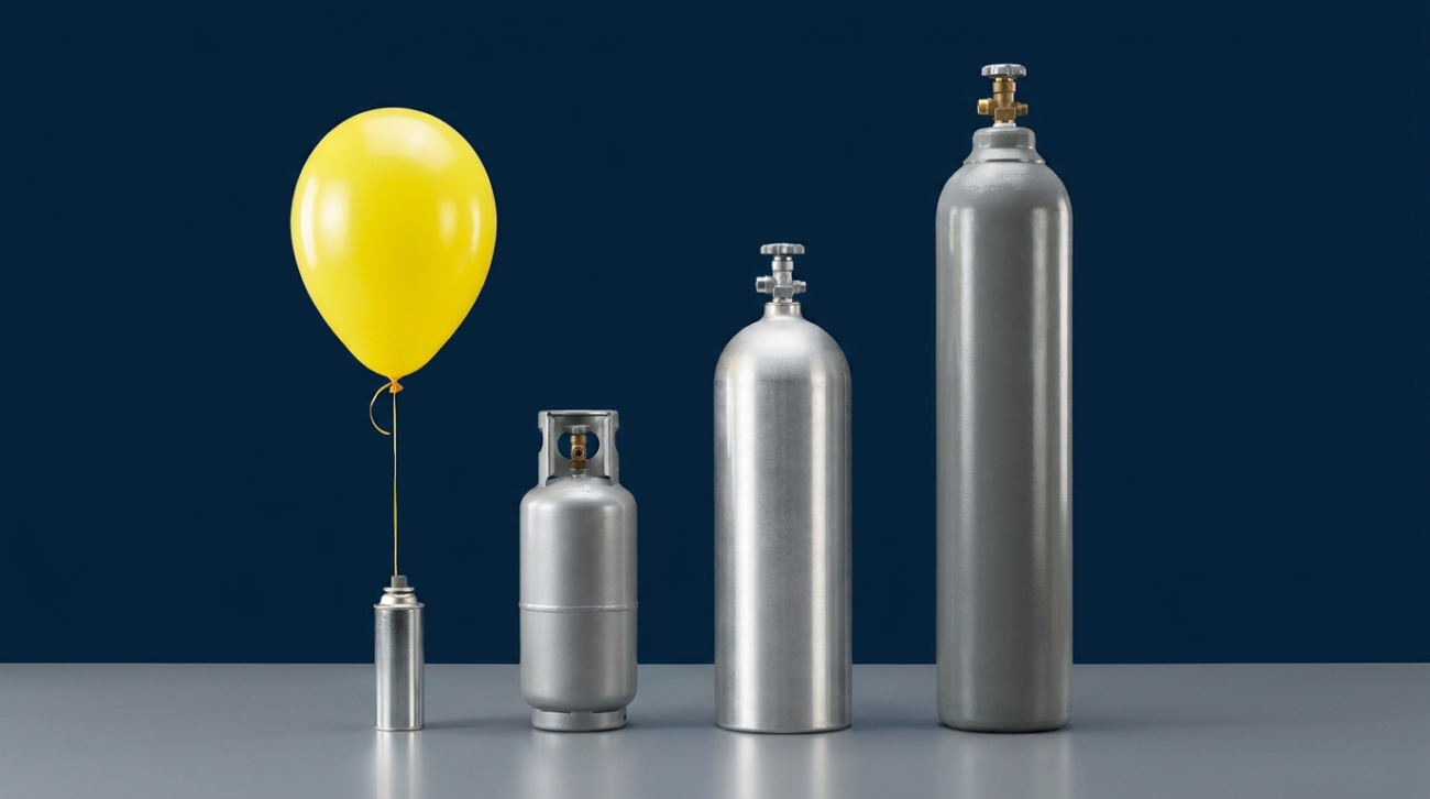 Line-up of helium canisters from small disposable to large refillable