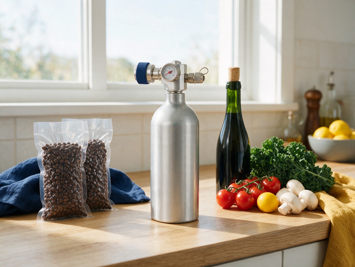 Disposable nitrogen cylinder and regulator beside vacuum-packed food