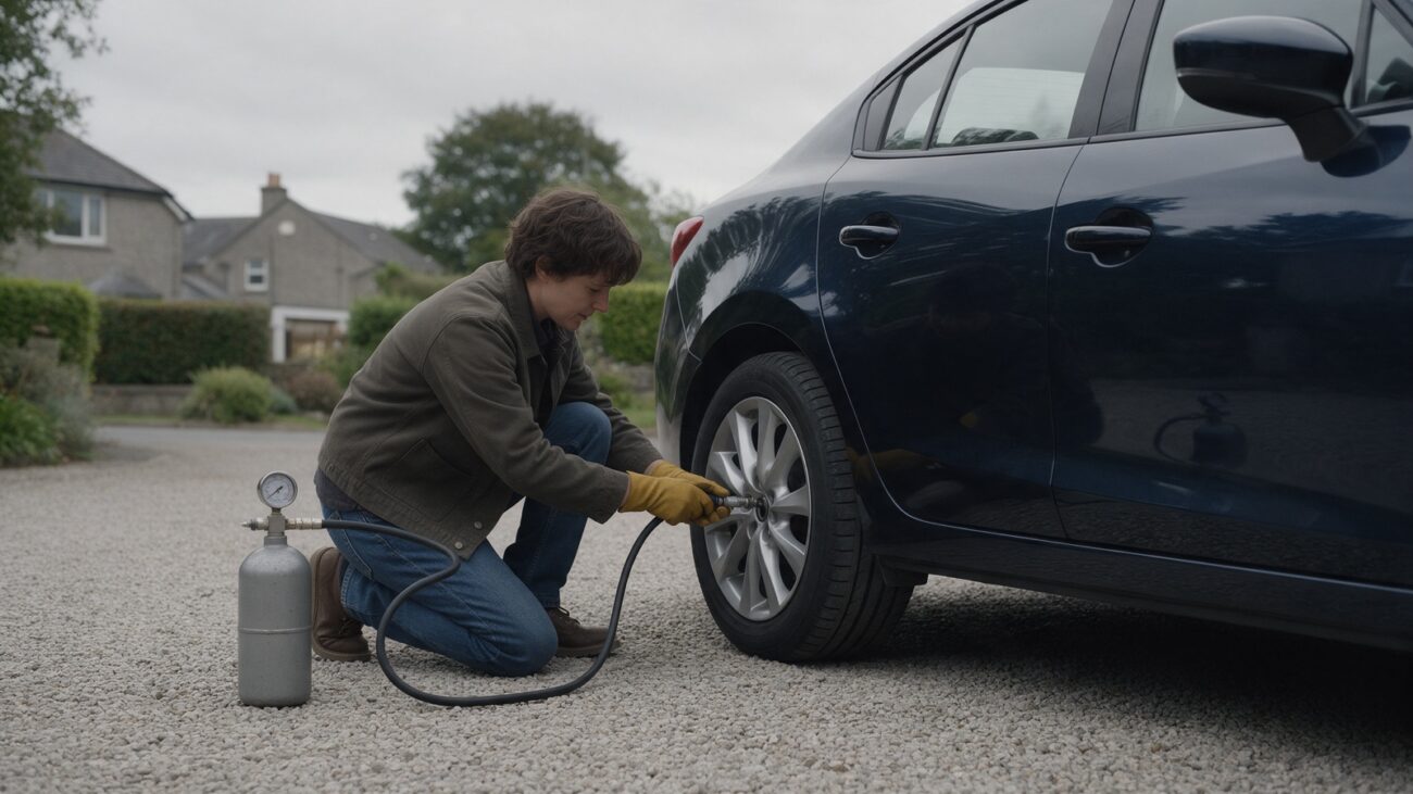 Inflating a car tyre with nitrogen from a small cylinder on a driveway