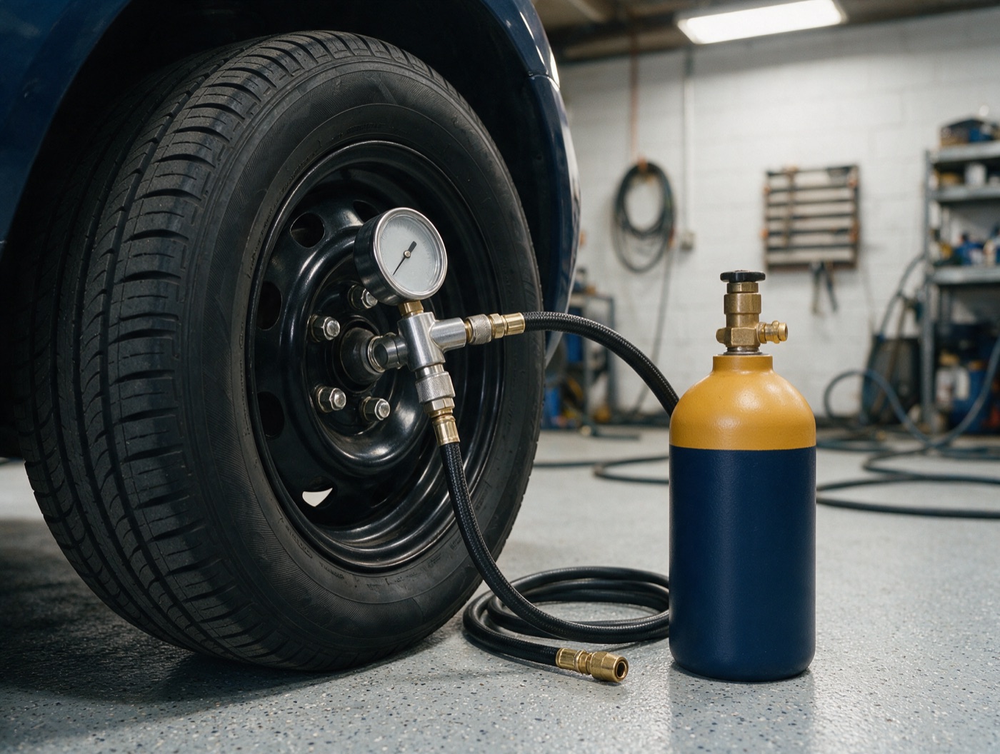 Tyre pressure gauge on a valve with a small nitrogen bottle beside the wheel