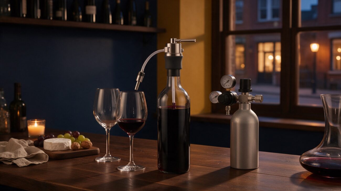 Opened wine bottle on a nitrogen preservation dispenser at a wine bar