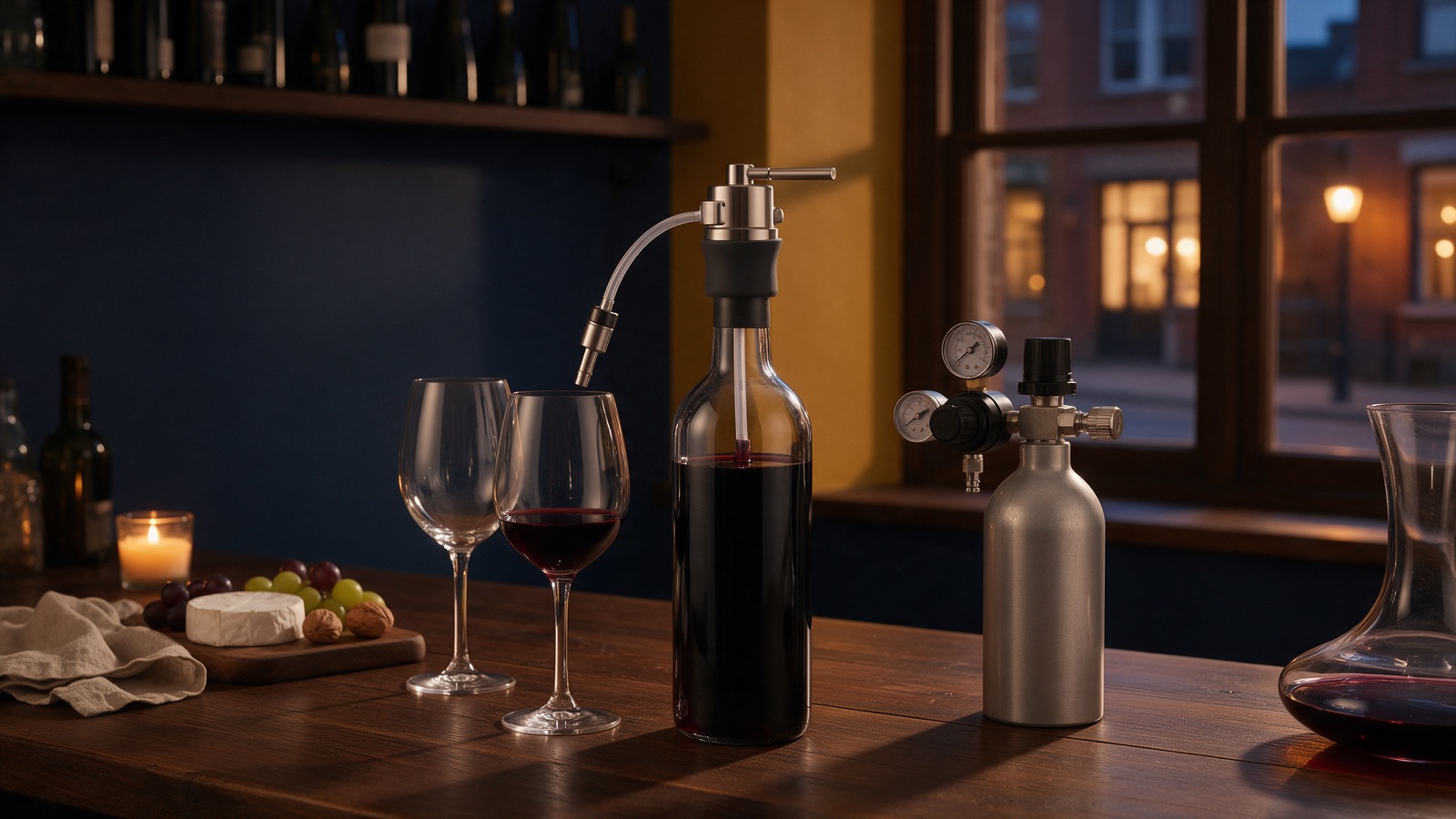 Opened wine bottle on a nitrogen preservation dispenser at a wine bar